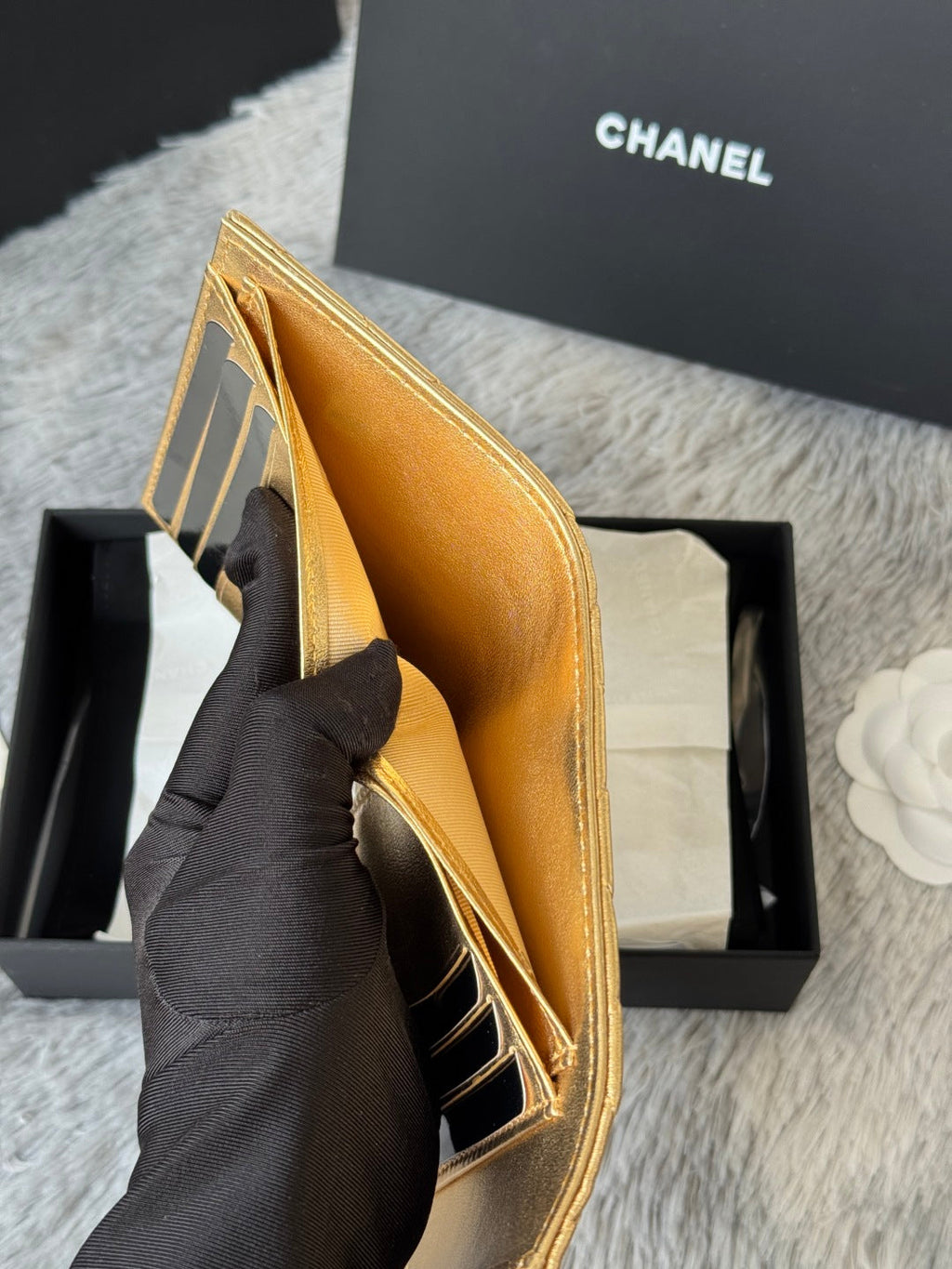 Chanel 25S Cf Small Tri Fold Wallet 11 in Gold Caviar Gold Hardware