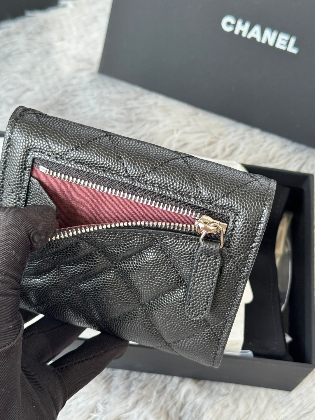 Chanel 25S Cf Small Tri Fold Wallet 11 in Black Caviar Silver Hardware