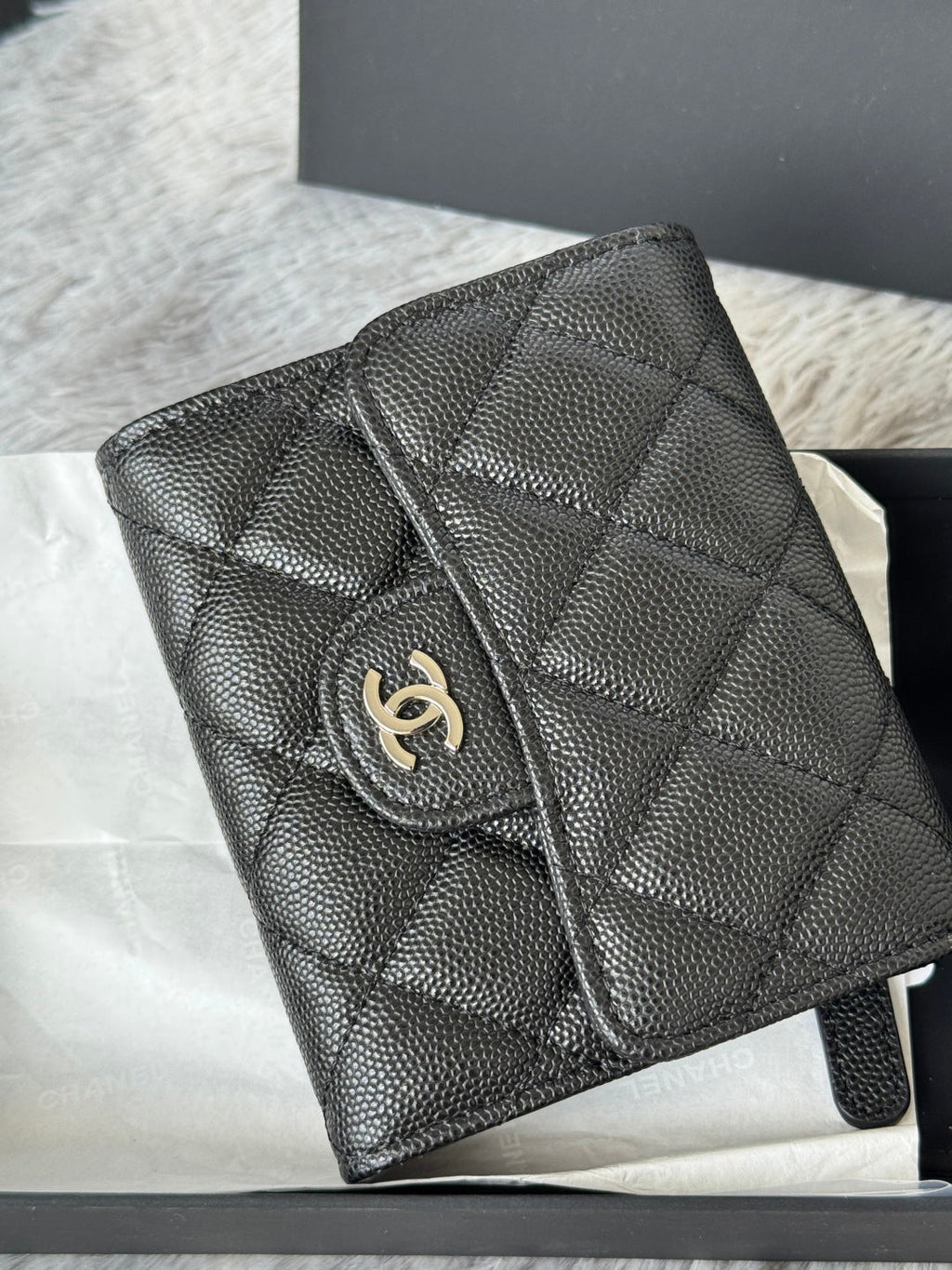 Chanel 25S Cf Small Tri Fold Wallet 11 in Black Caviar Silver Hardware