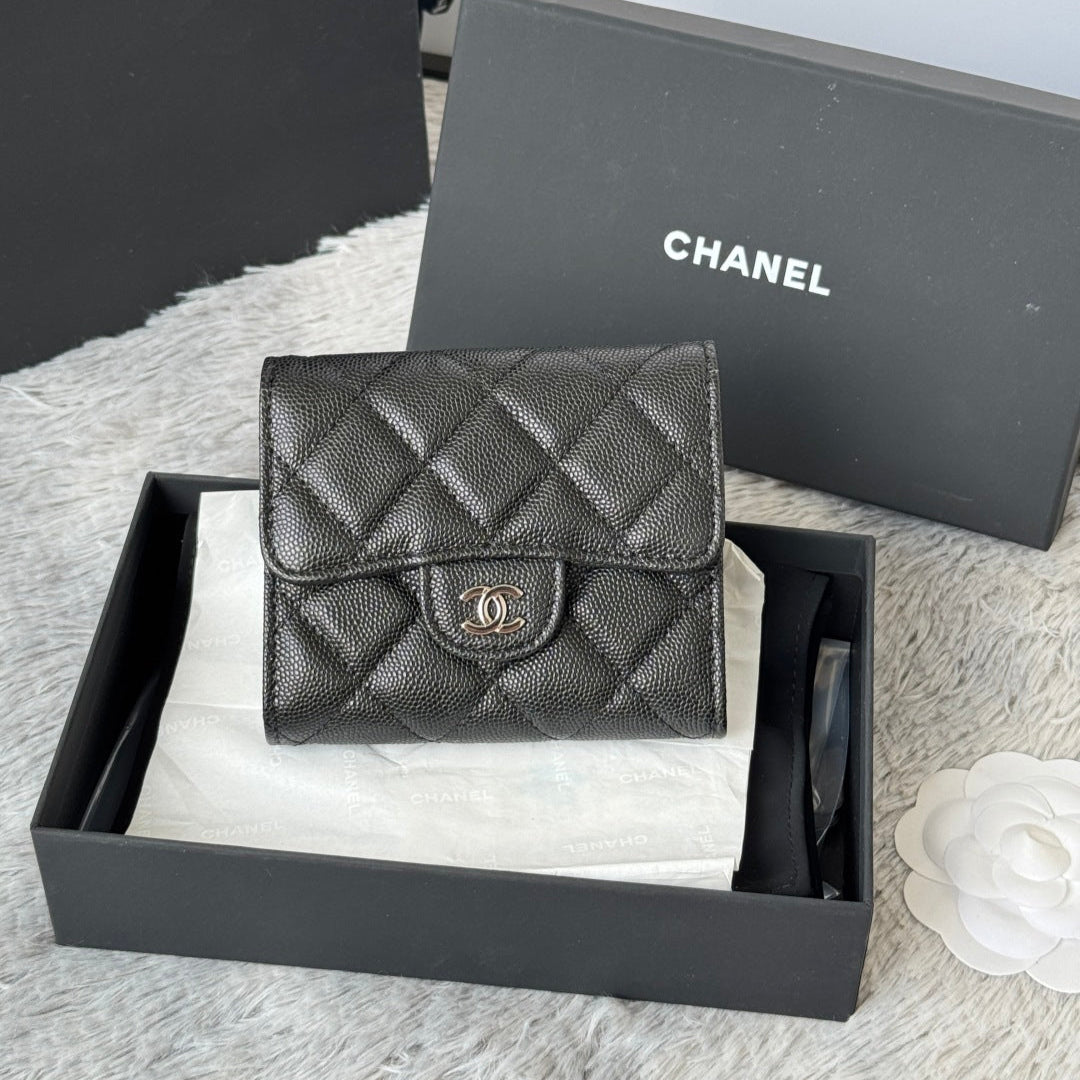 Chanel 25S Cf Small Tri Fold Wallet 11 in Black Caviar Silver Hardware