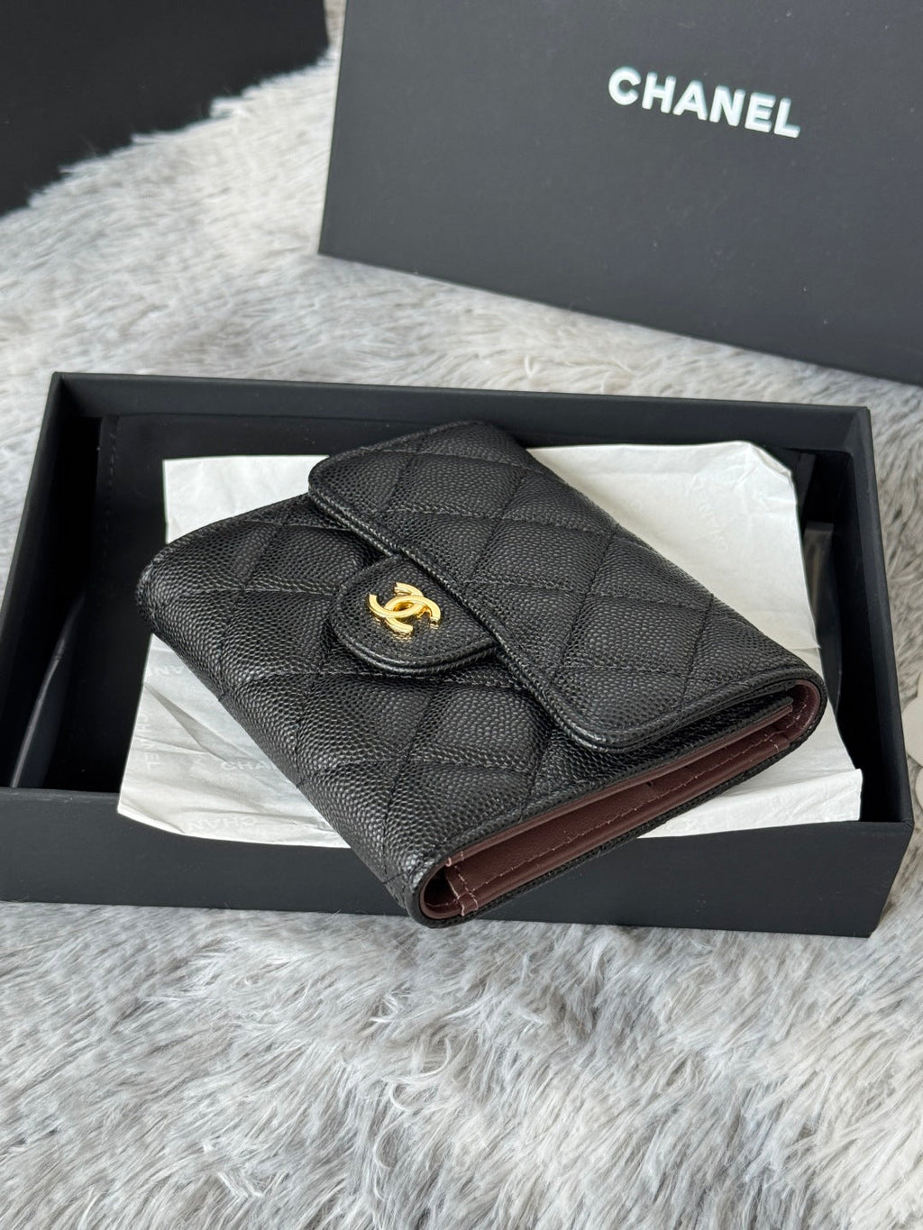 Chanel 25S Cf Small Tri Fold Wallet 11 in Black Caviar Gold Hardware