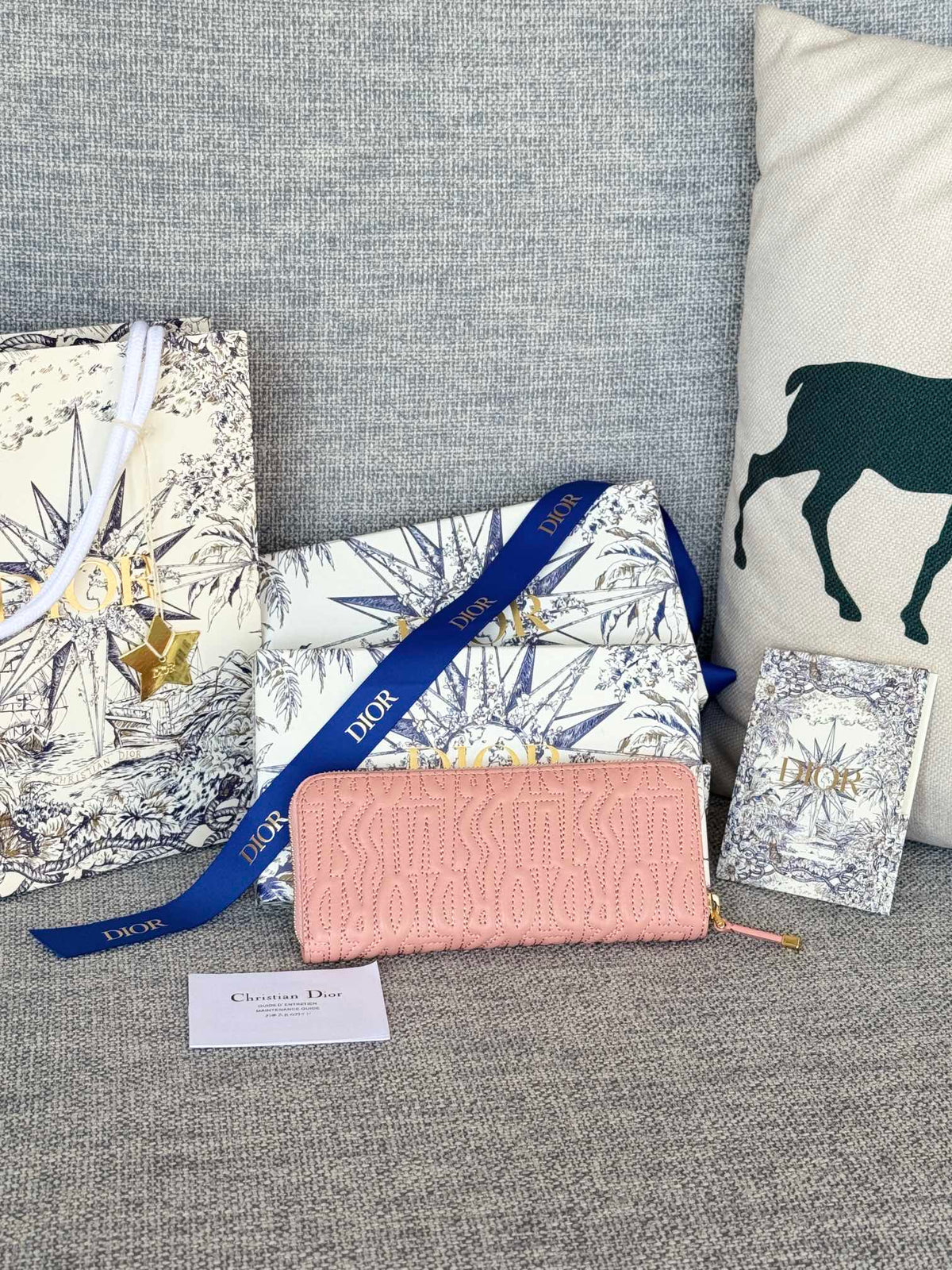 Dior Vertical Long Zip Wallet 20 in Baby Pink Quilted Allover Calfskin