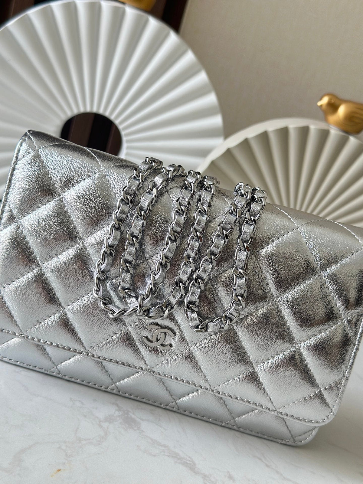Chanel 25S Wallet On Chain 19 in Silver Lambskin