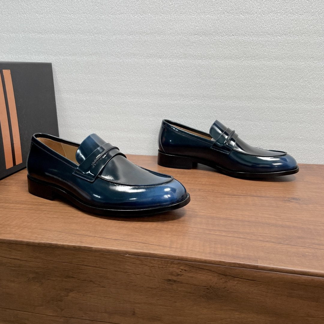 Zegna Dark Navy Leather Loafers — side