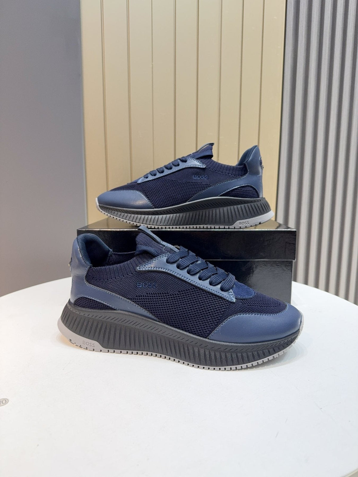 BOSS Navy Blue Knit Running Shoes — front