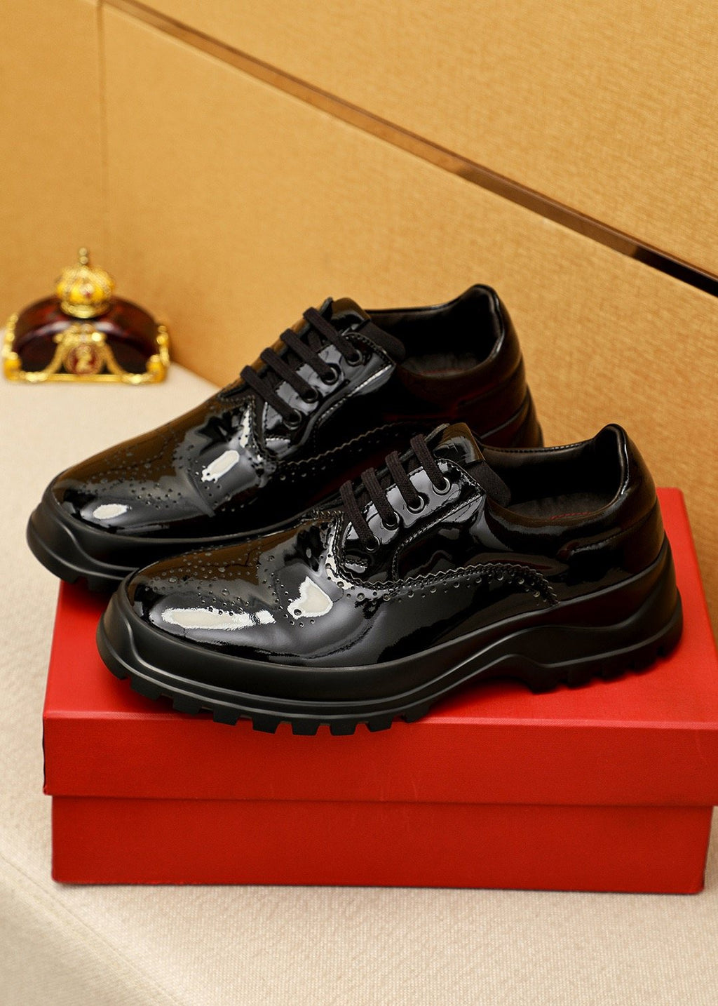 Ferragamo Black Patent Lace-Up Shoes — side