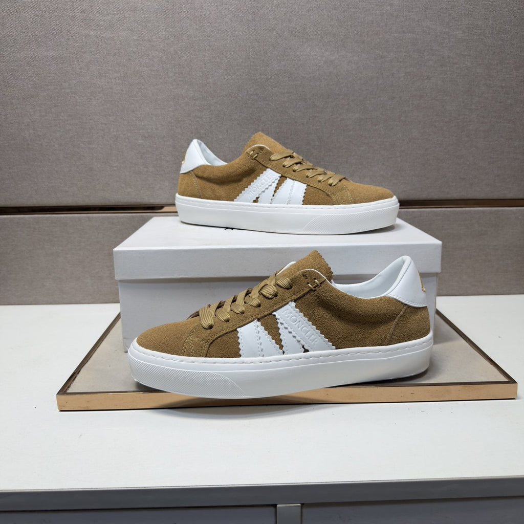 Moncler Tan and White Striped Low-Top Sneakers — front