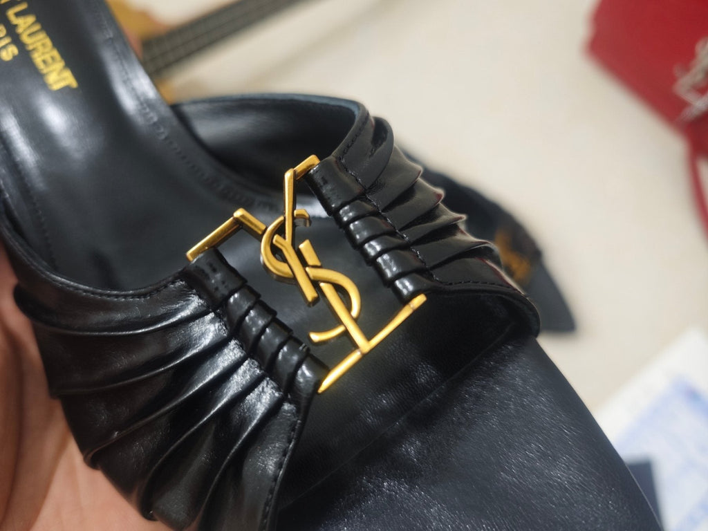 Saint Laurent Ruched Logo Mule Heels — detail