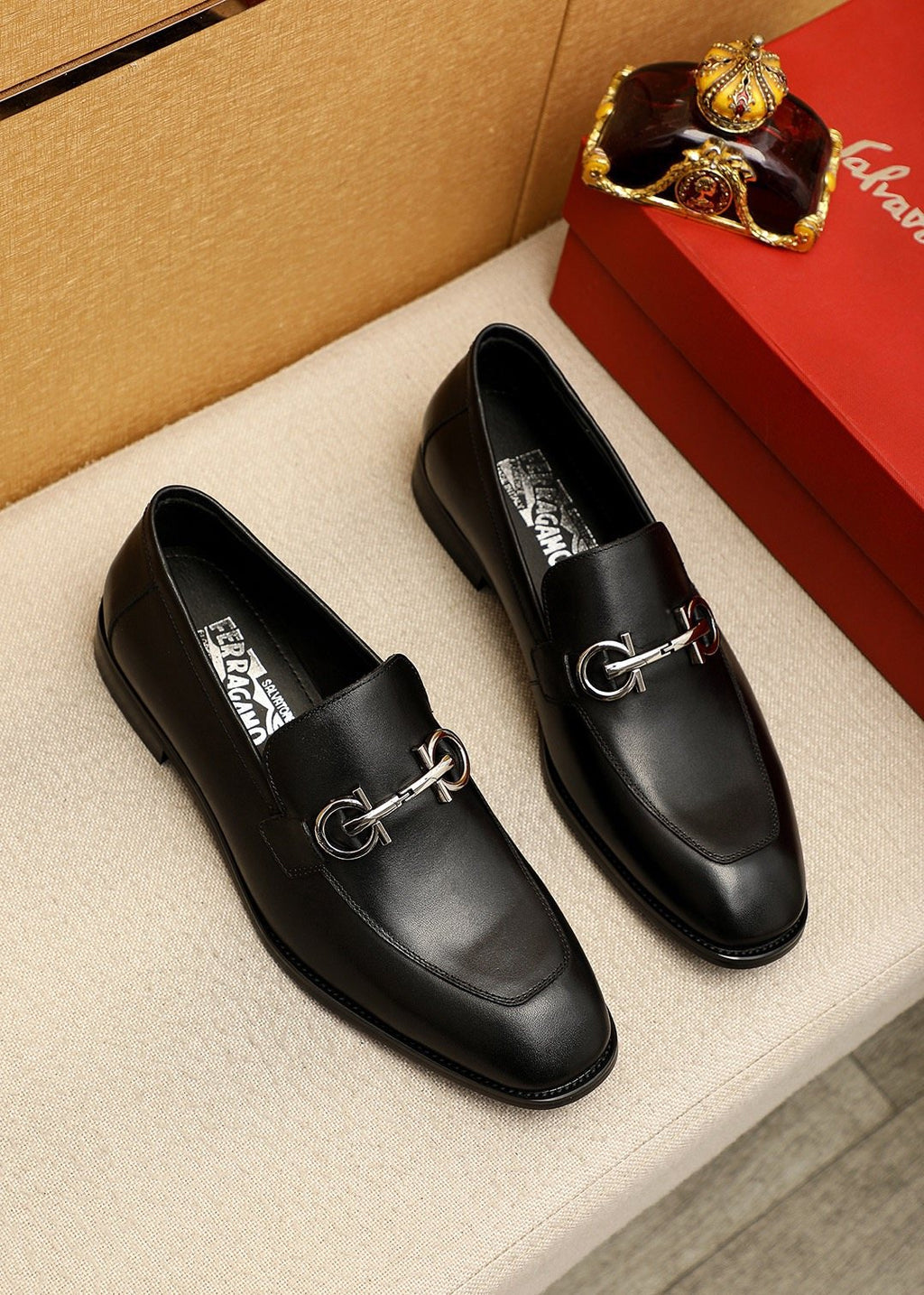 Ferragamo Silver-Tone Ornament Loafers — front