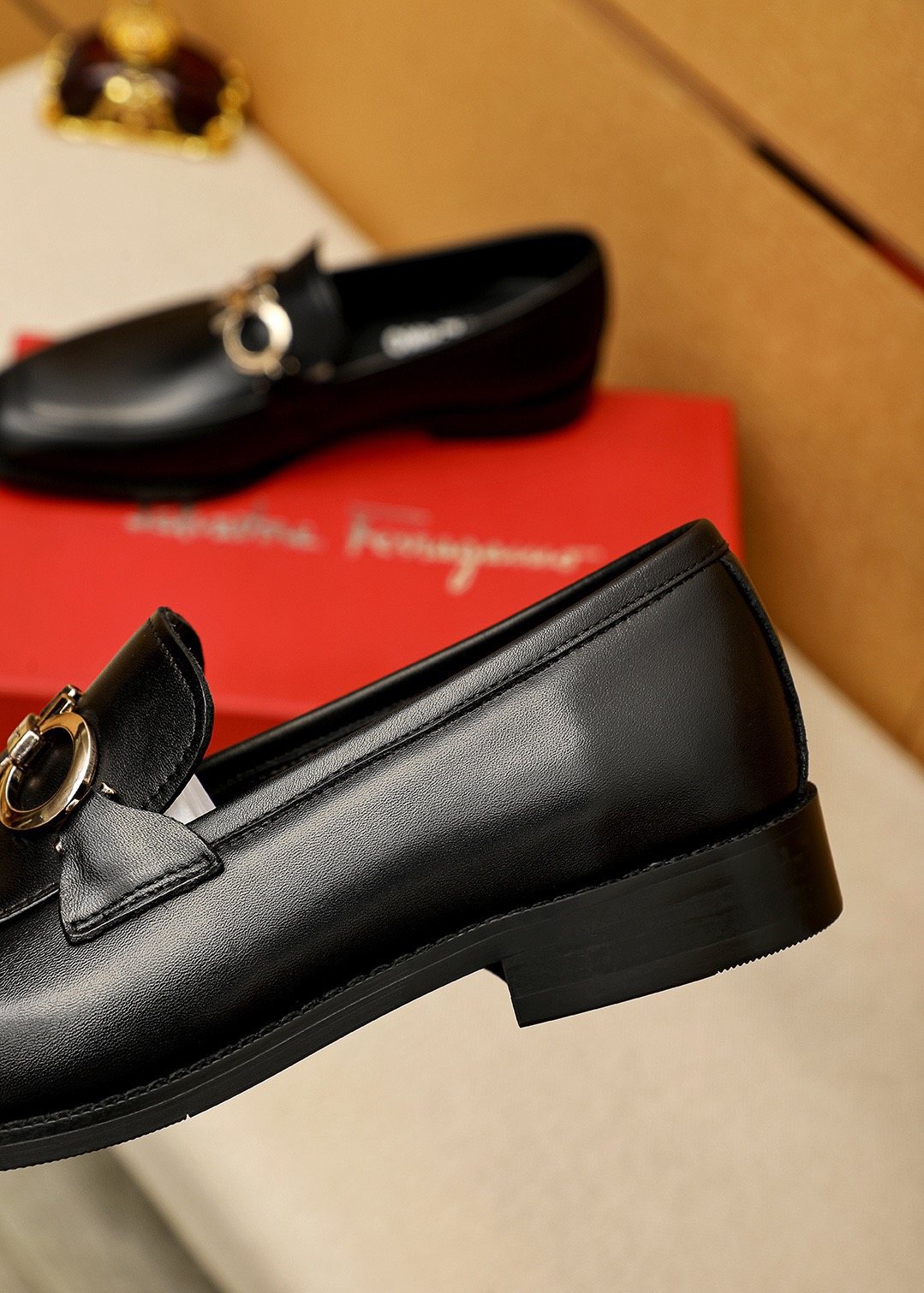 Ferragamo Black Metal Buckle Loafers — detail